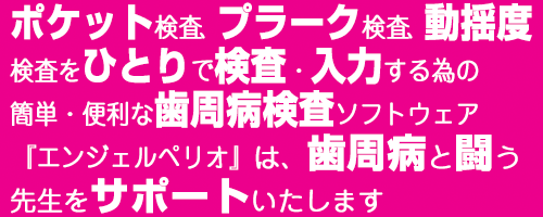 ポケット検査、プラーク検査、動揺度検査をひとりで検査・入力する為の簡単・便利な歯周病検査ソフトウェア「エンジェルペリオ」は、歯周病と闘う先生をサポート致します